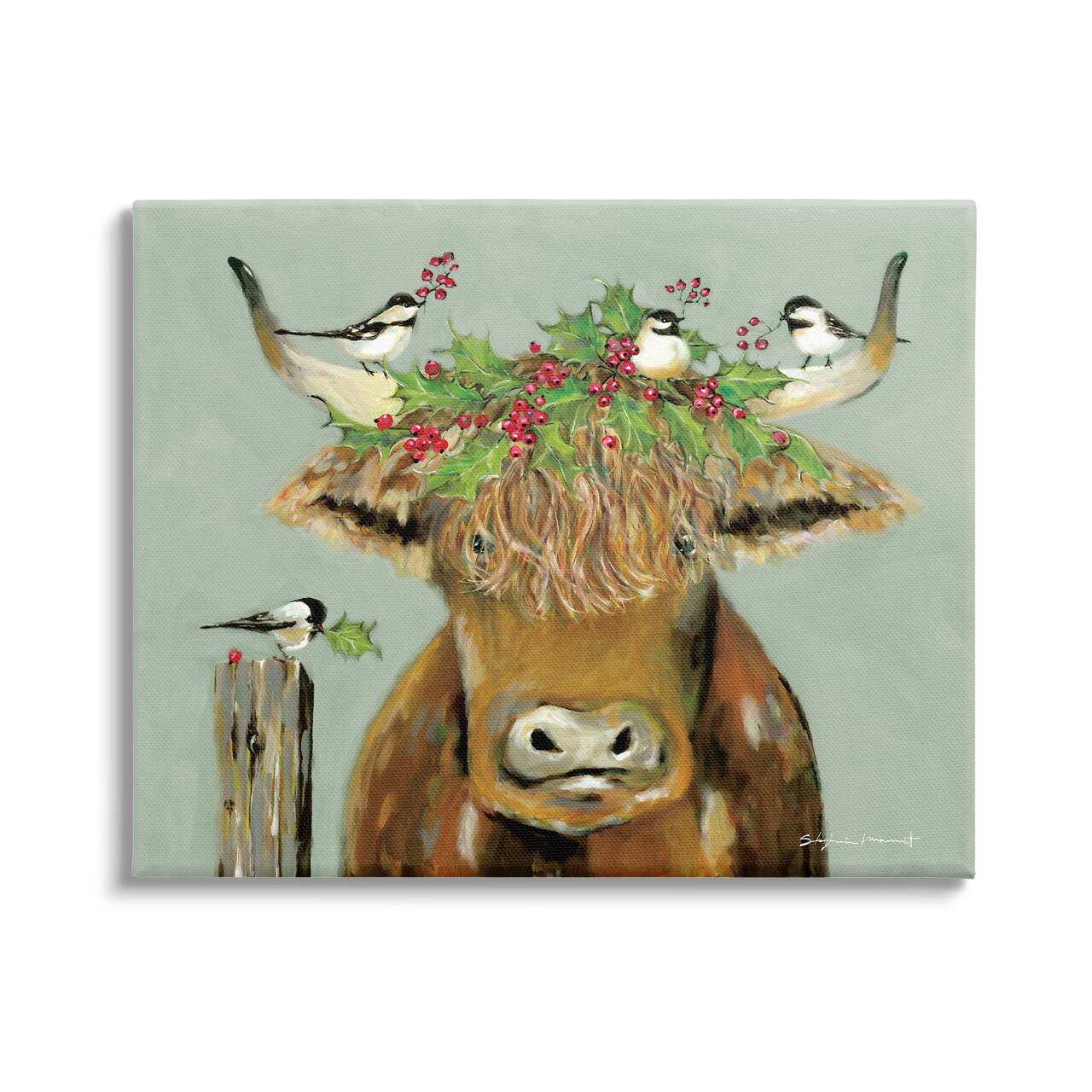 Stupell Industries Cattle & Birds Holiday Holly Canvas Wall Art